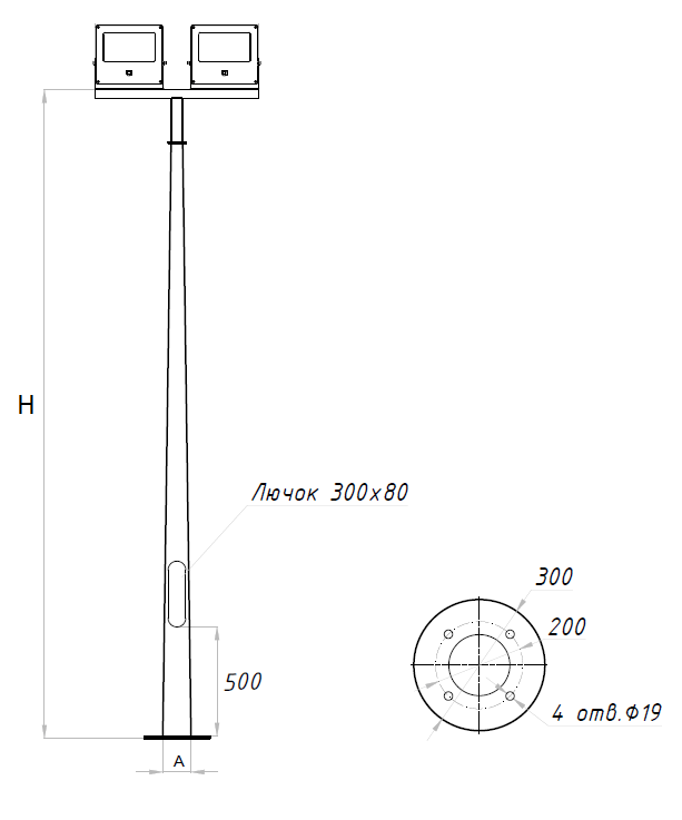 осветительные комплексы LEADER LED 50W D75 740 RAL9005 T-POLE 5M (в комплекте ЗДФ), артикул 4350000040
